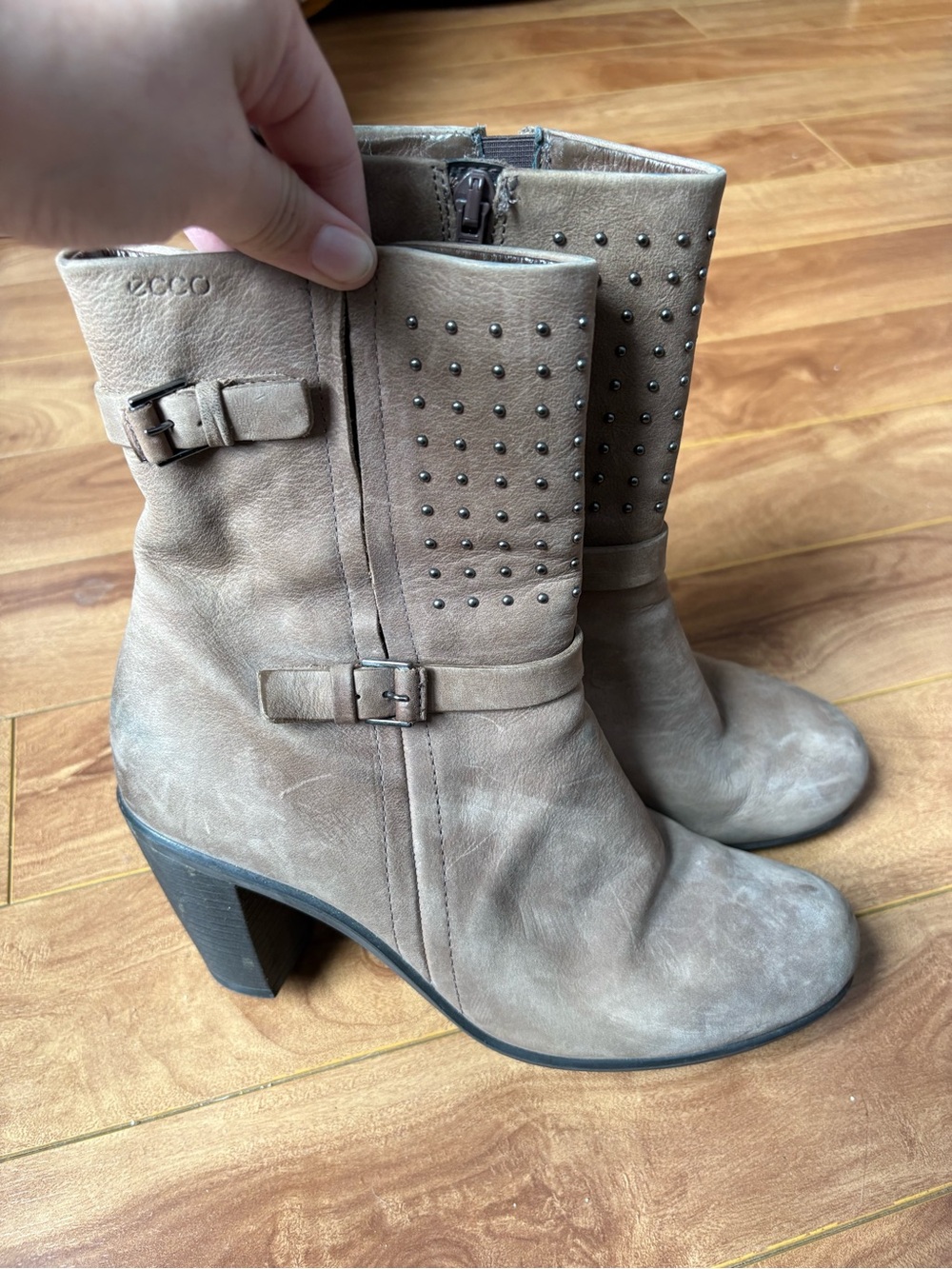 Ecco Taupe Studded Leather Mid-Calf Heeled Boots